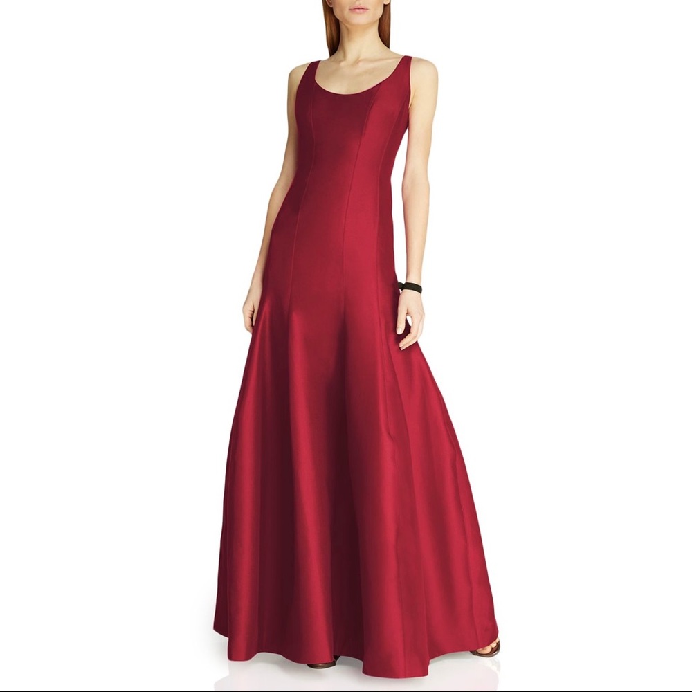 Halston Heritage burgundy scoop neck faille tulip dress